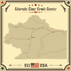 Large and accurate map of Clear Creek County, Colorado, USA with vintage colors.