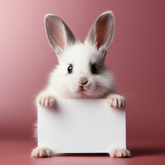 Obraz premium Süßer weißer Hase mit Werbebanner auf rosa Hintergrund als Poster, ai generativ