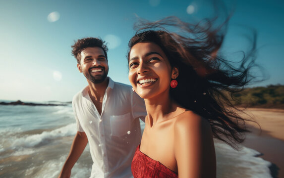 young indian couple enjoying at sea beach