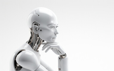Naklejka premium humanoid robot thinking on white background