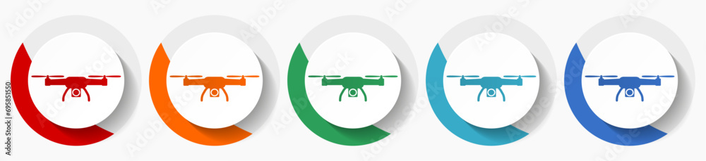 Poster Drone, copter, aerial camera vector icon set, flat icons for logo design, webdesign and mobile applications, colorful round buttons