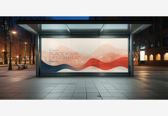 City Street Billboard Mockup Template: Night Time Bus Stop with Glass Wall, Bench, and Street Light