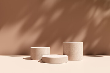 Light brown cylindrical stone shaped podium or platform mockup for product display.