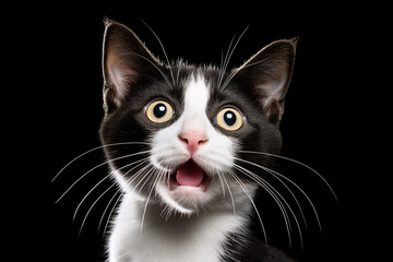 scared black and white kitten on a light background