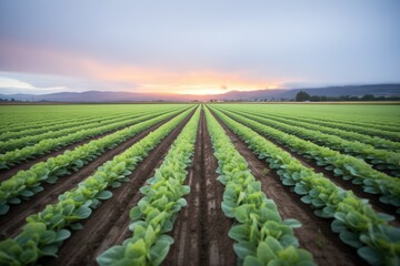 Fototapeta na wymiar rows of crops with evening dew