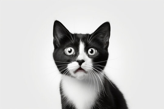 scared black and white kitten on a light background