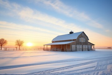 crisp winter sunrise over a snow-covered barn