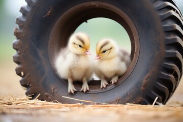 fluffy duckling duo by a farm tractor tire