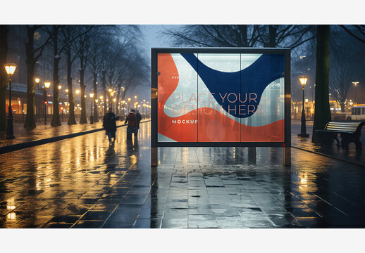 City Street Billboard Mockup Template with Glass Box, Street Light, Bench, People, Cars, Trees, and Lights on Sidewalk at Night