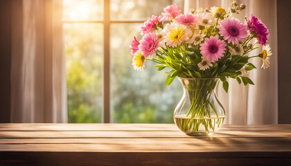 Beautiful flowers on a table by the window with copy space