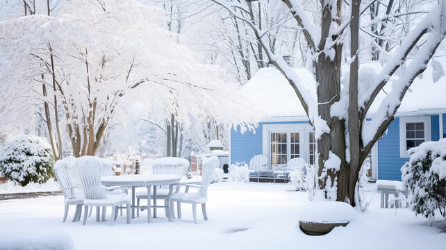 Back Yard Of House, Trees And Standing Outdoor Furniture Covered In Snow. Snowy Winter Day. 
