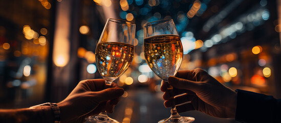 Glasses of champagne in hands on an abstract golden background with bokeh - obrazy, fototapety, plakaty