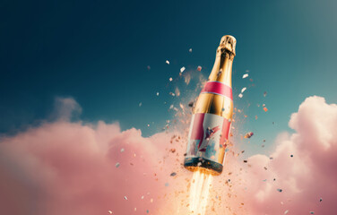Obraz premium Creative representation of a holiday champagne bottle with rocket propulsion flying towards the sky through the clouds, featuring bold, cheerful, and vibrant colors.