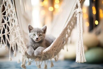 grey kitten in a macrame hammock, boho setting