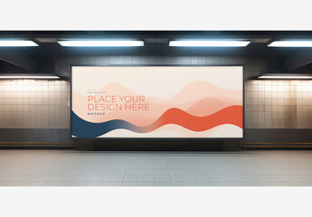 City Street Billboard Mockup Template: Spacious Room with Large Screen, Tile Floor, and Ceiling Lights for High-Impact Advertising