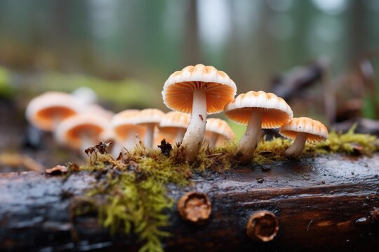 snow mushrooms on a damp log