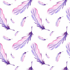 Obraz premium Feathers retro style seamless pattern. Watercolor background print of birds feathers. Template of hand drawn illustration for backdrops, making textile, printing packaging, wrapping paper and covers