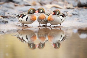 ducks mirrored in the thawing edge of a pond