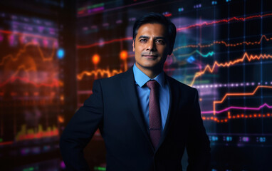 Fototapeta premium indian businessman standing with big data screen background