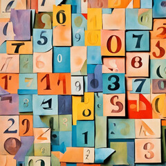 A pile of colorful paper notes with numbers and punctuation marks. Colorful numbers background. Top view with space for copy text. AI created.