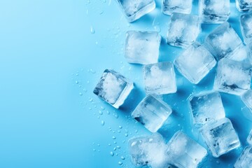 Aerial shot of cubes, ice, and drips isolated on a blue background. Generative AI