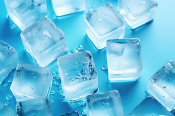 Obraz premium Aerial shot of cubes, ice, and drips isolated on a blue background. Generative AI