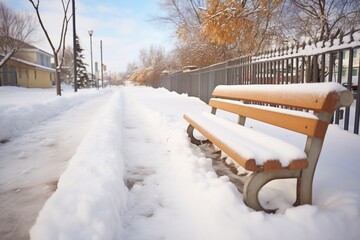 bench with fresh snow, footpath leading away