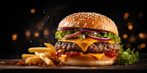 Classic Cheeseburger with Fries: Fast Food Banner Menu, Dark Oven Background  - Food Photography 