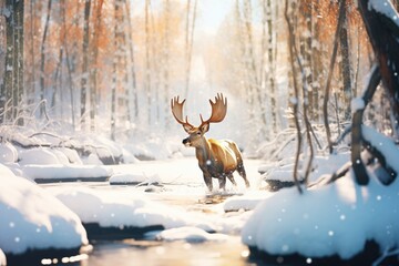 moose wading through snowy forest