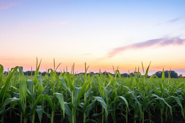 rows of corn with twilight sky backdrop