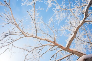 frost-covered tree branches against blue sky