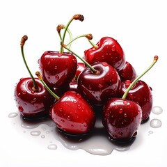 an appealing image of a cluster of cherries, artistically displayed on a white backdrop, highlighting the glossy red skin and stems of these sweet delights