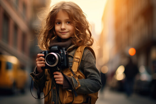 a beautiful little girl holding a camera outdoor