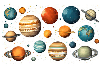 Set of cartoon planets and space elements isolated PNG Background, Generative Ai.