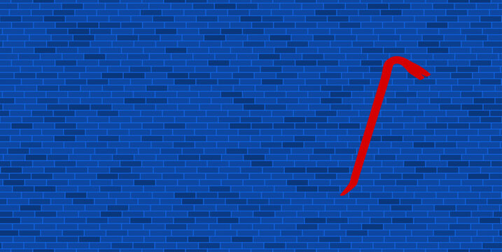 Blue Brick Wall with large red crowbar symbol. The symbol is located on the right, on the left there is empty space for your content. Vector illustration on blue background