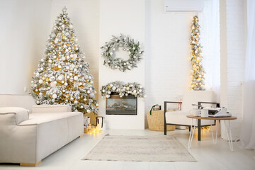 New Year's interior design. Bright room with a Christmas tree decorated with balls and lights, a sofa, a fireplace and an armchair. Home design concept