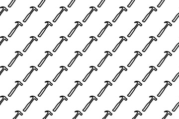 Seamless pattern completely filled with outlines of hammer symbols. Elements are evenly spaced. Illustration on transparent background