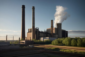 Fototapeta na wymiar Power plant with smoking chimneys on a background of blue sky.