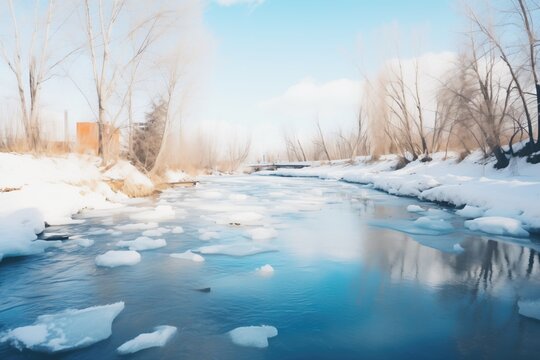frozen river with clear blue ice sections