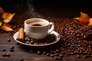 Fototapeta premium A cup of freshly brewed coffee with cinnamon on the table with coffee beans everywhere