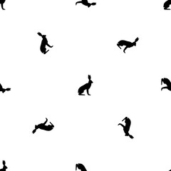 Seamless pattern of repeated black hare symbols. Elements are evenly spaced and some are rotated. Illustration on transparent background