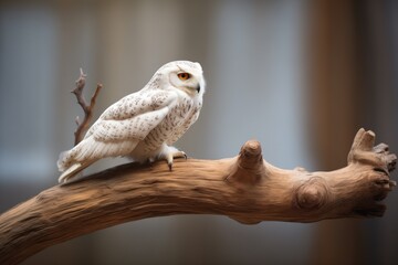 Obraz premium snowy owl resting on a curved branch of an old tree