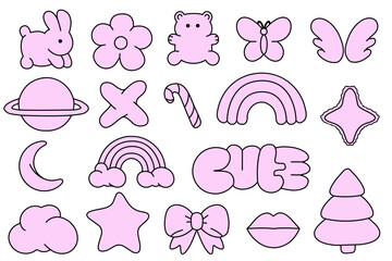 Bubble abstract pink shapes sticker pack. Bubble elements y2k. Funky balloon organic elements icon sign in trendy retro y2k style.