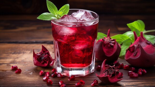 Roselle joice with ice in glass and Roselle fruits on wood background.