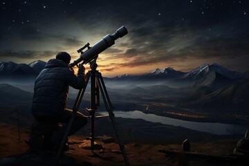 In this professional photo, an astronomer is depicted conducting field research in awe-inspiring natural landscapes. The image showcases the astronomer in a remote location - obrazy, fototapety, plakaty