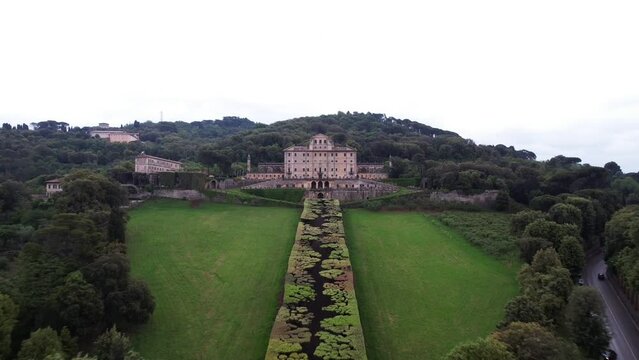 Aerial toward Villa Aldobrandini's imposing 17th-century facade, Frascati