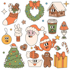 Groovy hippie Christmas stickers. Santa Claus gifts coffee heart gingerbread in trendy groovy retro cartoon style. Cartoon characters and elements.