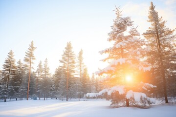 morning light on snow-covered pine trees