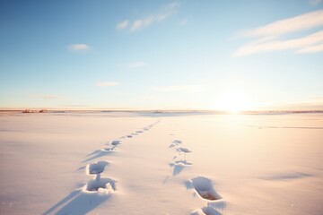 sunlit snowy footprints leading to horizon