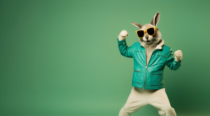 A cool bunny dancing for the upcoming easter sales event, green poster background with copy space - obrazy, fototapety, plakaty